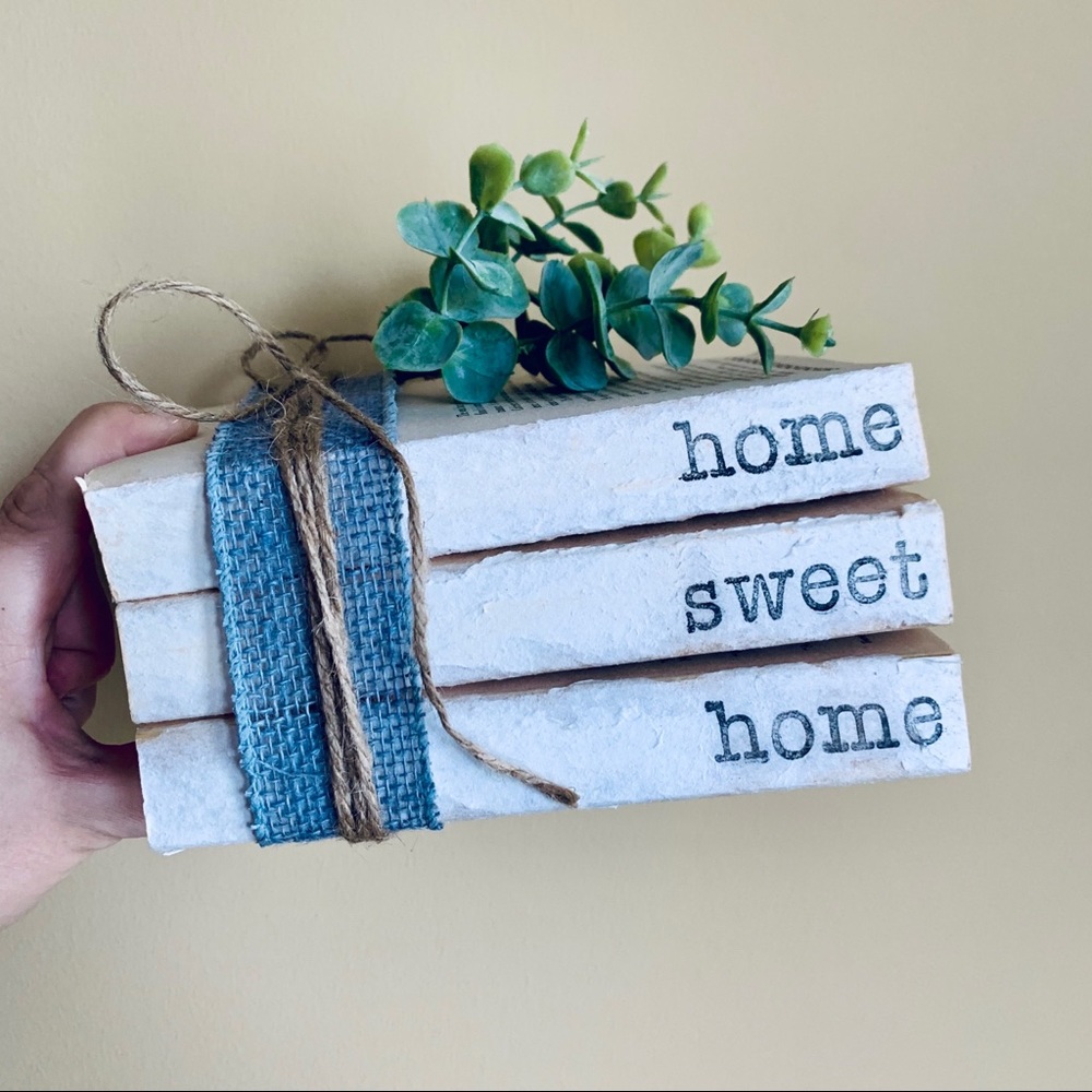 Farmhouse Hand Stamped Book Stack Home Sweet Home Eucalyptus Decor Handmade Gift - Picture 2 of 2